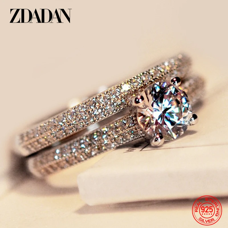 ZDADAN 925 Sterling Silver Double Zircon Rings For Women Fashion Wedding Engagement Jewelry Gift