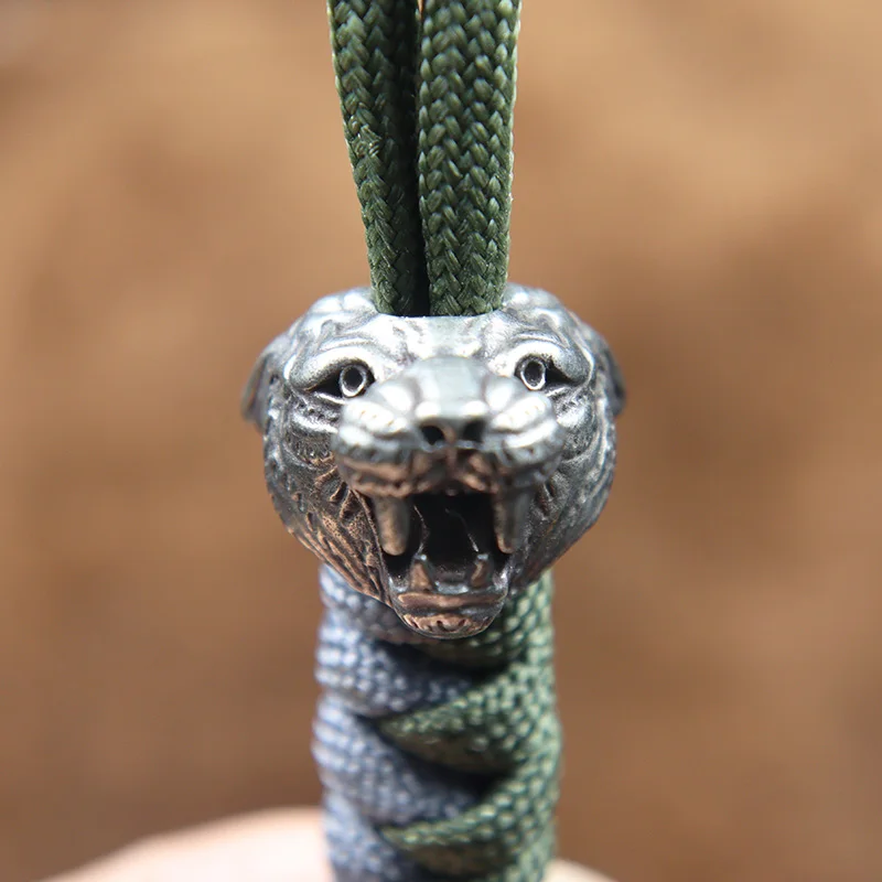 Cute Sharp Teeth Tiger Head Brass Knife Beads Lanyard Pendant EDC Outdoor Paracord Hanging Jewelry Dagger DIY Charms Accessories