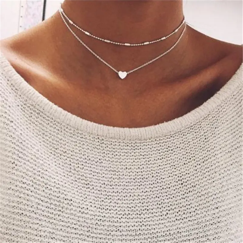 หัวใจ Choker สร้อยคอเงินโซ่สี Smalll Love สร้อยคอจี้คอ Bohemian Choker สร้อยคอเครื่องประดับ