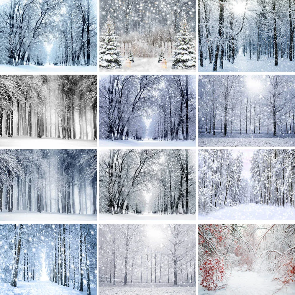 Toile de fond pour Portrait de bébé, arbre de noël, forêt d'hiver, flocons de neige, scène de forêt de pin, arrière-plan pour photographie, Studio Photo