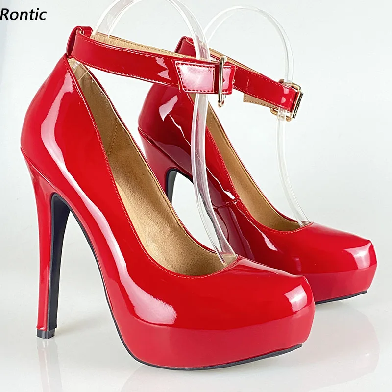 Rontic New Women Glossy Pumps Hidden Platfrom Sexy Stiletto Heels Round Toe Beautiful Red White Pink Party Shoes US Size 5-20