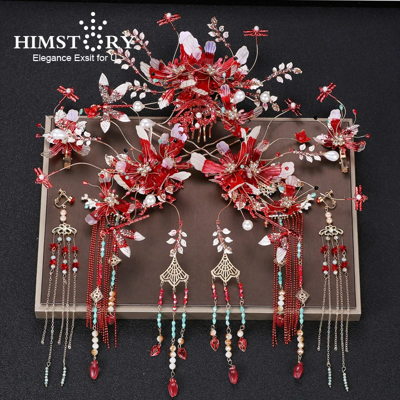 HIMSTORY Vintage Chinese Red Clear Flower Wedding Queen Hair Accessories Coronet Costume Headpiece Bridal  Accessories