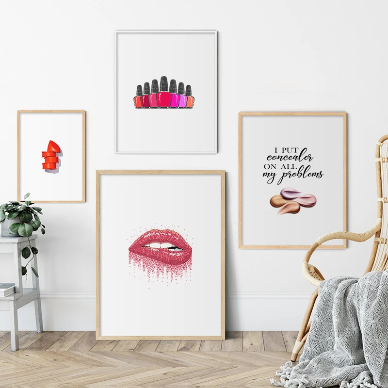 Nordic Lip Lipstick Fashion Wall Art Nail Polish Posters and Prints Decorative Picture for Girls Bedroom Decor