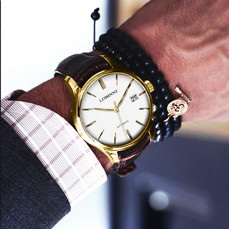 LOBINNI Nuovi orologi meccanici classici da uomo Orologio impermeabile da lavoro Orologio automatico automatico in vera pelle di marca di lusso