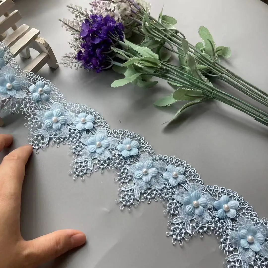 

3 Yards 7 CM Blue Flowers Pearl Lace Trim Ribbon Embroidered Knitting Wedding Dress Handmade Patchwork Sewing Supplies Crafts