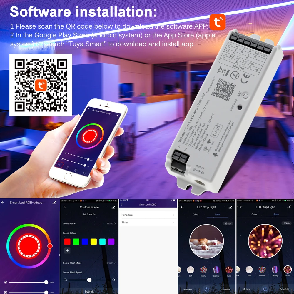 Smart LED Controller WiFi BT 5 IN 1 2.4GHz RF RGB+CCT Remote Controller For Full Color / RGBW / RGB / Dual White LED Strip