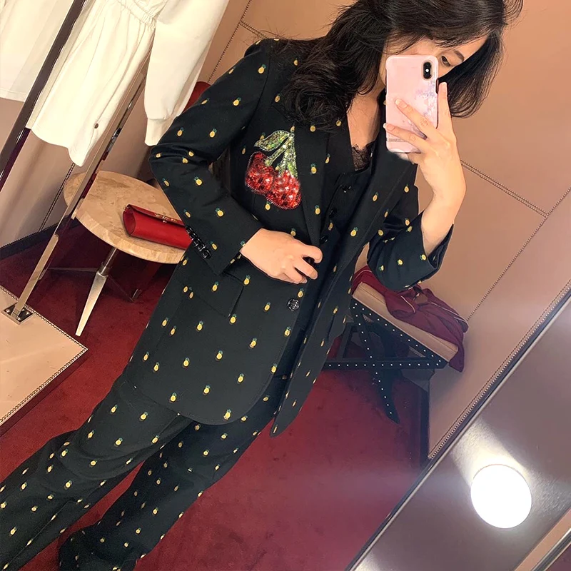 Cherry sequin embroideren small suit women notched small fragrance pineapple printed blazer