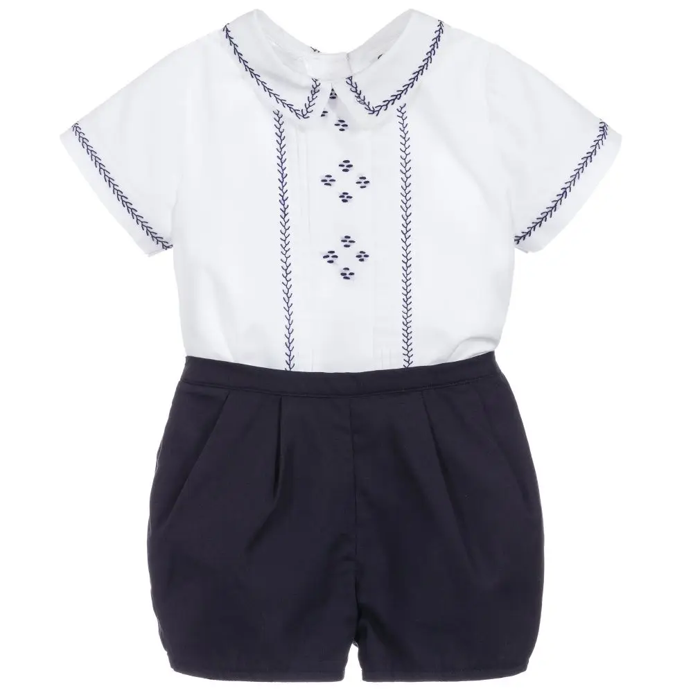 Boys White & Blue Shorts Clothes Set Pretty  Embroidery Pleating Infant Wedding Party Outfit