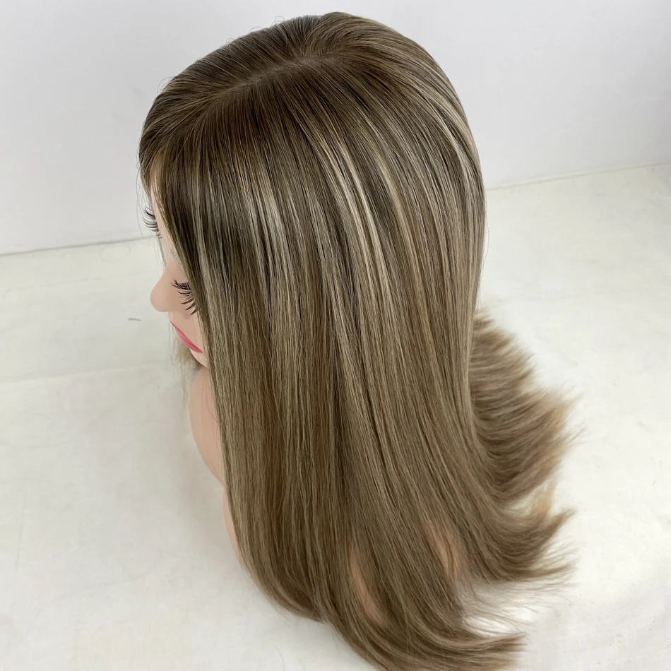 Peluca judía de cabello humano virgen europeo para mujeres blancas, Color rubio con resaltado, tipo recto, Base de seda superior para adelgazar el cabello