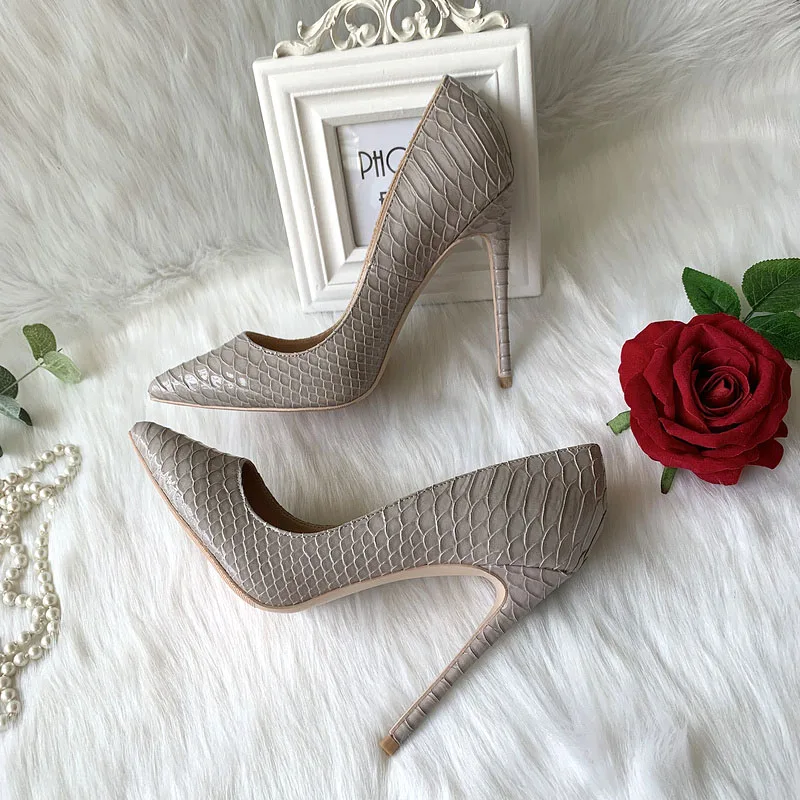 Factory outlet grey python snake patent leather pointed toe women lady custom made 120mm high heel shoes pump dress shoe on sale