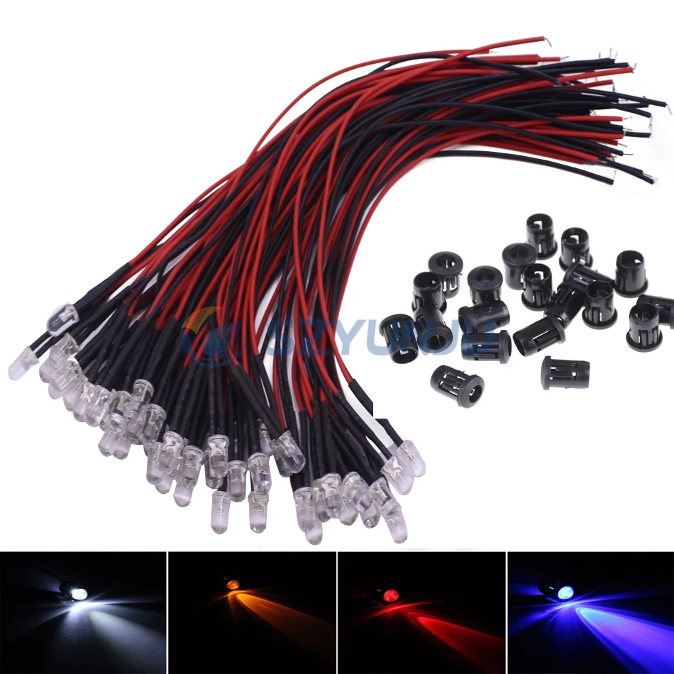 

DC12V F3mm 5mm Red Green Blue RGB white UV Yellow Oragne Round Pre-Wired Water Clear LED With Plastic Holder 10-100pcs