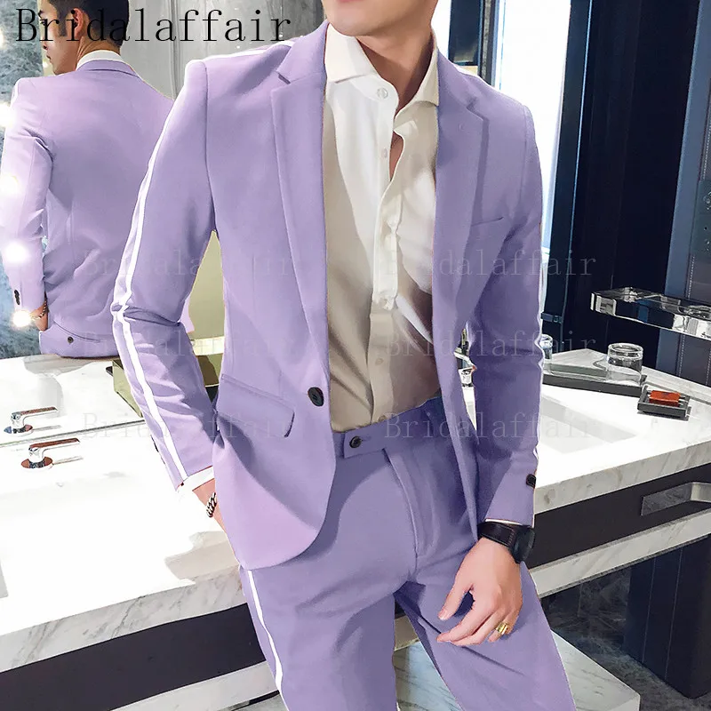 Bridalaffair Summer Suits For Men Wedding Groosmen Lilac Tuxedos with White Trim on side of Jacket and pants Men Casual Suit