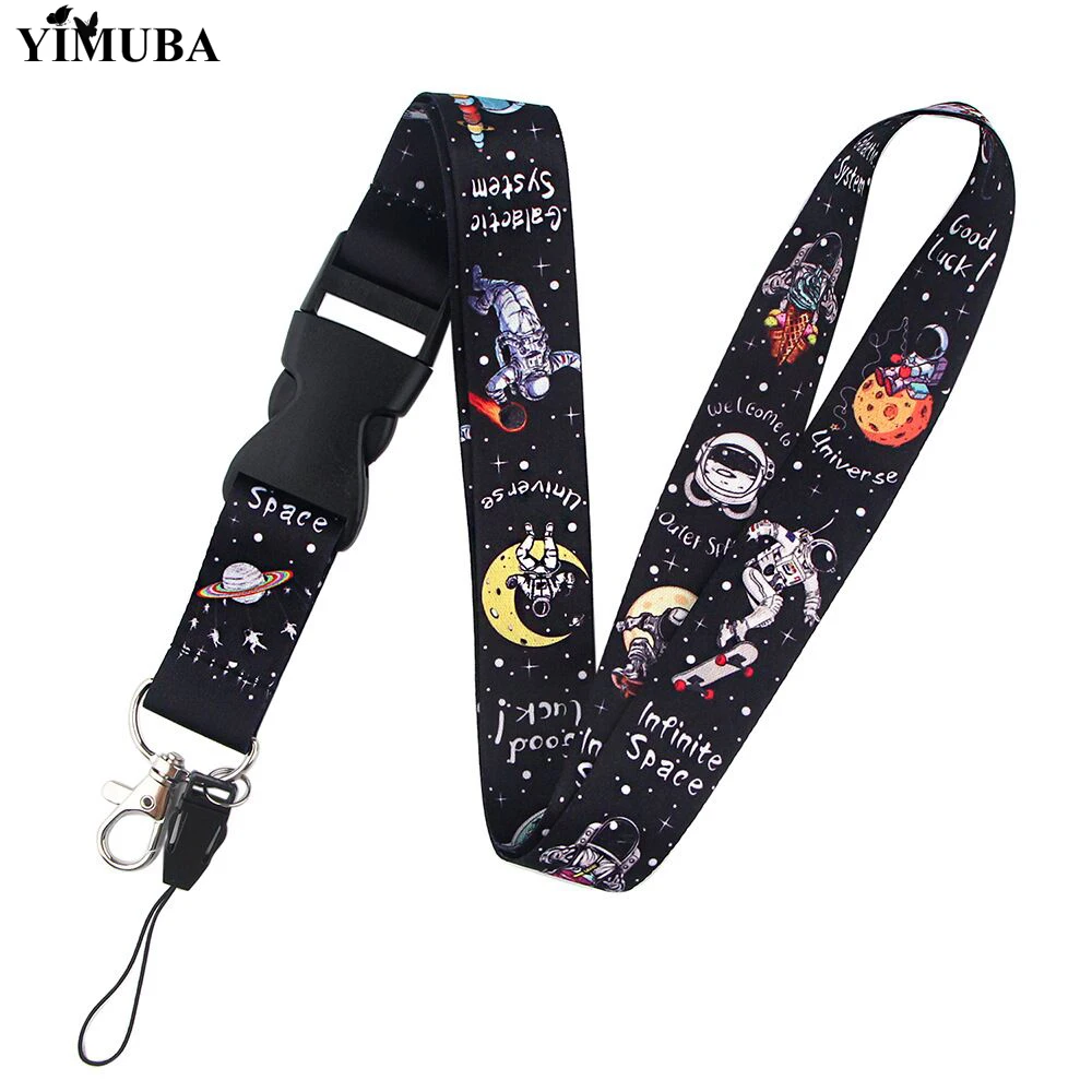 Cute Black Universe Astronaut Lanyard Keychain ID Card Pass Gym Mobile Phone Hang Rope Decoration Webbing Straps Key Ring Holder