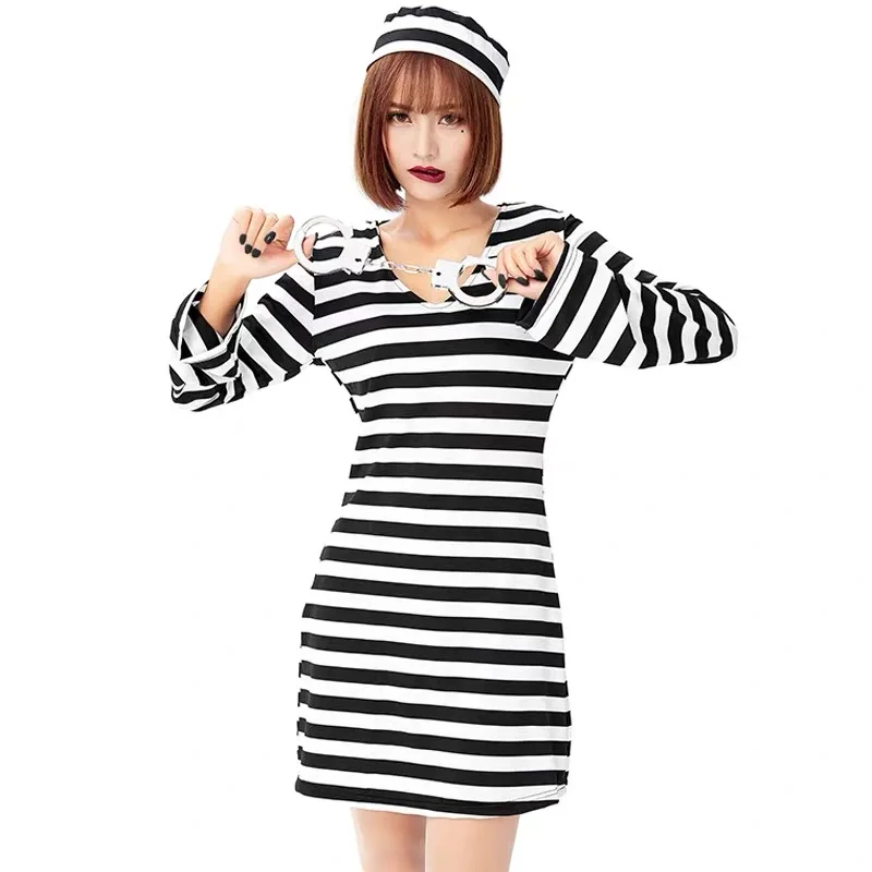 Black And White Stripes Female Prisoner Cosplay Women Halloween Prison Suit Costumes Carnival Purim Parade Role Play Party Dress