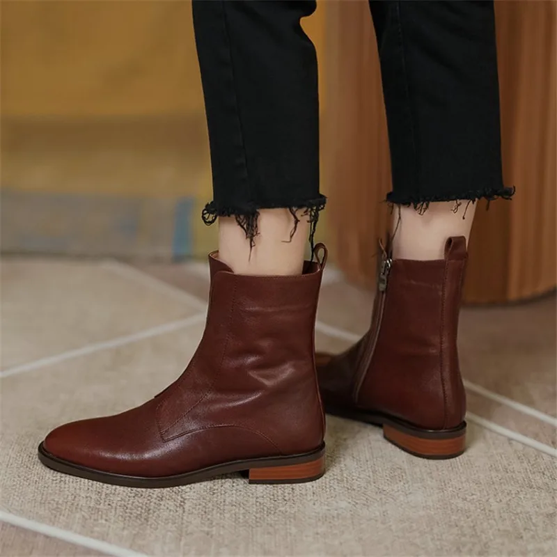 2024 Winter Fashion Genuine Leather Women Boots Women Shoes Square Heel Solid Boots Low-heel Keep Warm Short Boots Wool ANKLE