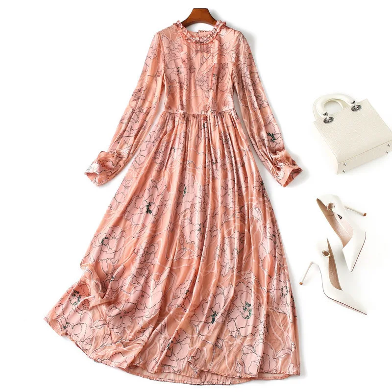 

Silk dress with lace stitching, long sleeve, print fit and flare, new autumn 2024