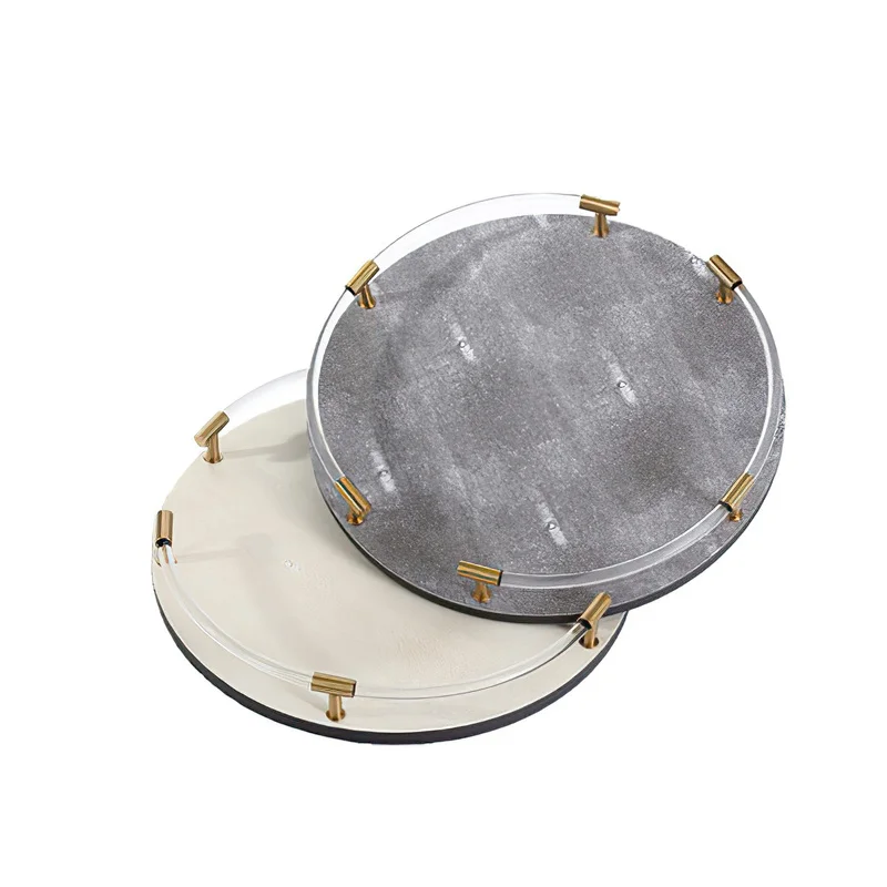 

Metal Tray Leather Storage Container Gray Jewelry Display Desktop Round Serving Plate Decoration Home Kitchen Organizer Supplies