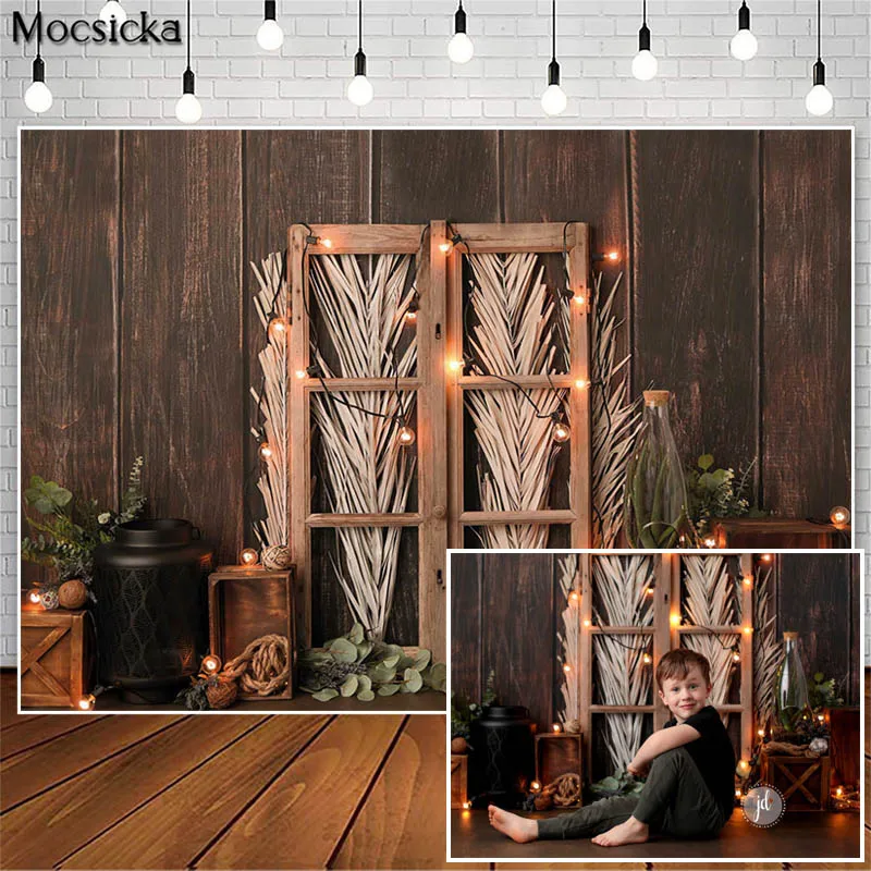 

Kids Birthday Cakesmash Photography Backdrops for Vegetable Garden Vintage Wooden Door Decor Photo Props Studio Booth Background