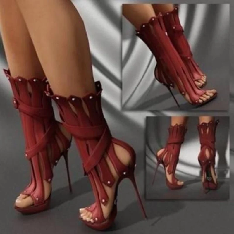 

Sexy Vertical Shape Stiletto Heel Ankle Boots Peep Toe Metal Heels Studded Strappy Sandals Red White Black Runway Boot Shoes