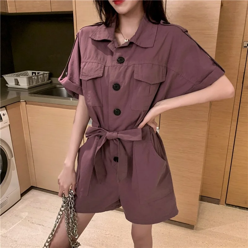 Casual Women Playsuits Cargo Rompers Summer Short Sleeve High Waist Single Breasted Loose Fit Lace Up Wide Leg Female Overalls