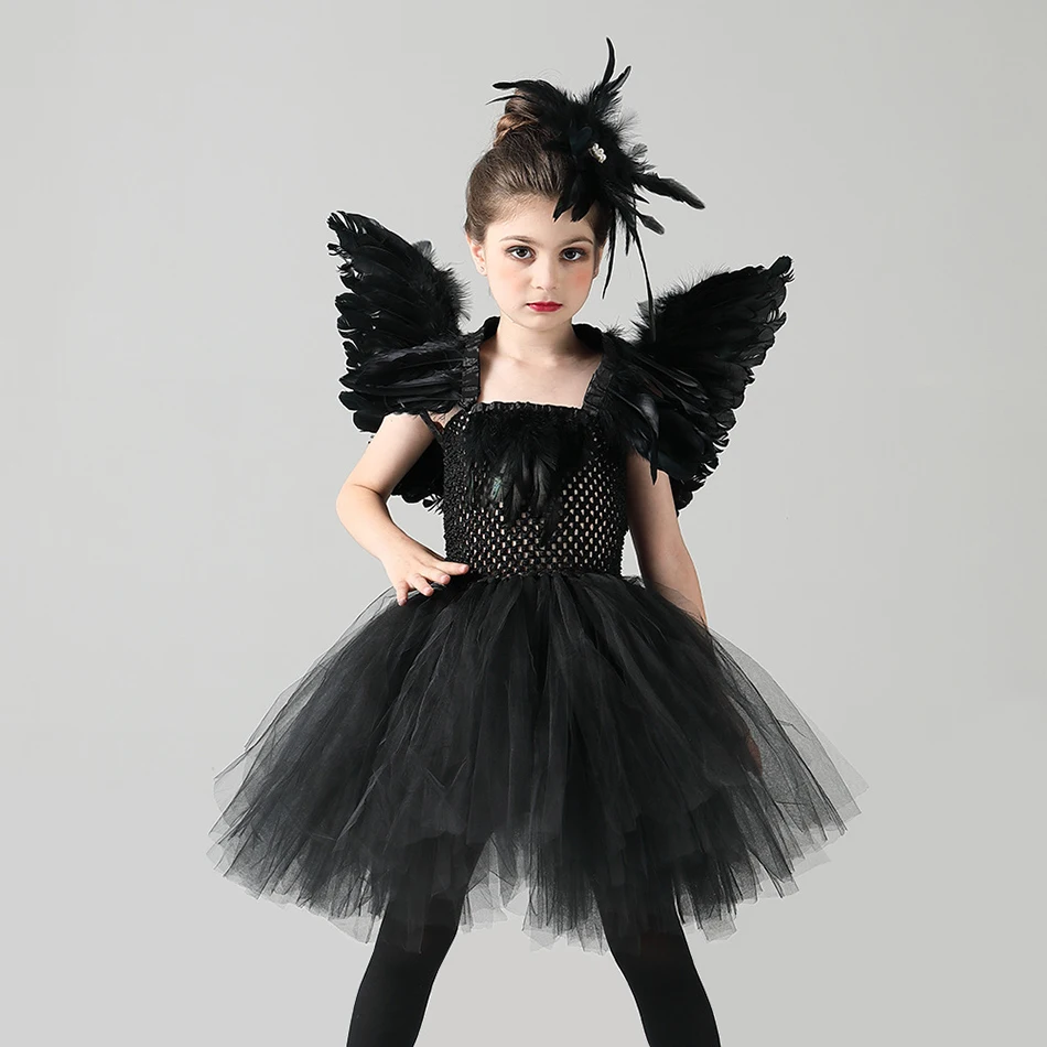 

Girtls Black Swan Cosplay Costumes Children Littler Evil Dress Up Dresses for Kids Feather Play Bird Clothing Girl Party Frocks