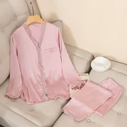 Conjunto de pijamas de cetim feminino, pijama sedoso, roupa casual para dormir, camisa e calça, roupão de primavera, roupa sexy, novo