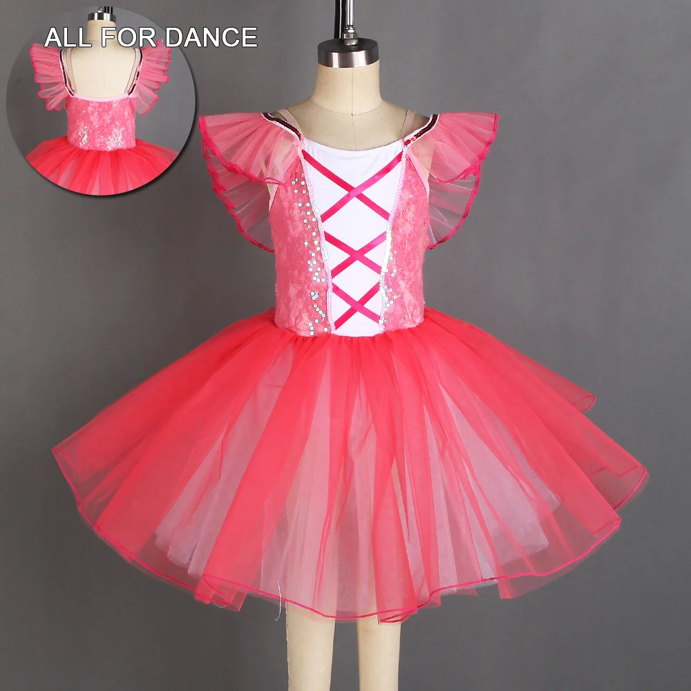 

20162 Rose Pink Sequin Lace Bodice Mid-Length Ballet Dance Costume For Girl/Women Stage Performance Dance Tutu Ballet Dance Wear