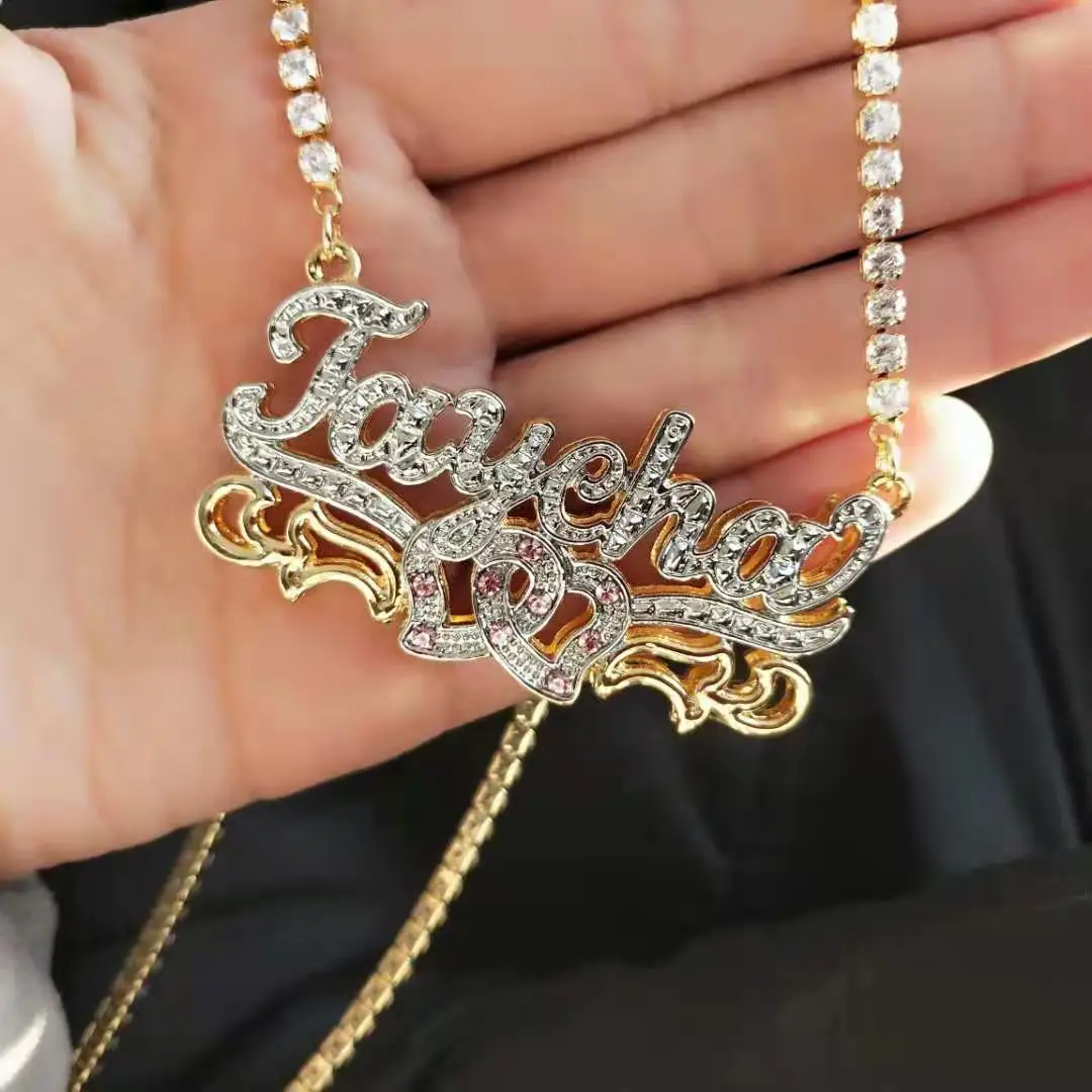 DOREMI 3D Tennis Chain Custom Name Necklace Layered Personalized Double color Nameplate Necklace Jewelry For Women Gift