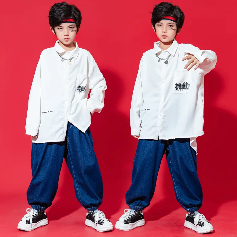 Kid Cool Kpop Hip Hop Clothing White Oversized Shirt Top Streetwear Denim Jeans Pants for Girls Boys Jazz Dance Costume Clothes