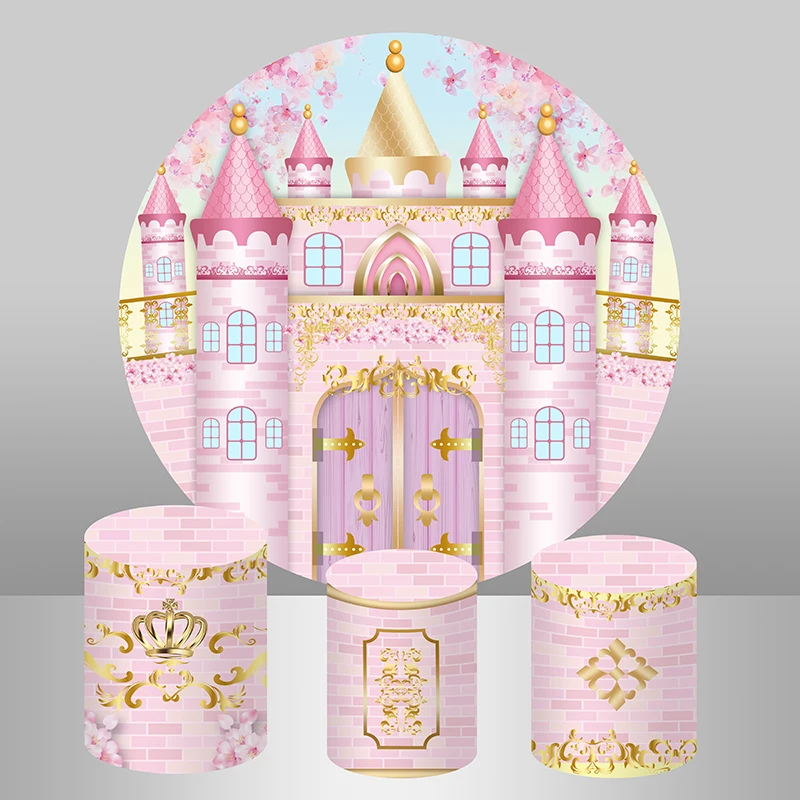 

Pink Princess Castle Round Backdrop Cover Gold Pattern Girls Baby Shower Newborn 1st Birthday Party Background Plinth Covers