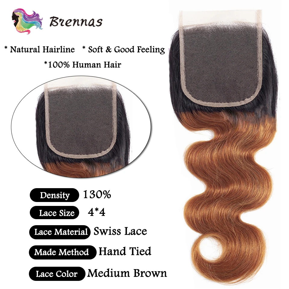 Mechones de cabello humano ondulado de doble estiramiento para mujer, extensiones de cabello brasileño con cierre de encaje 4x4, ombré 1b 27, 3 uds.