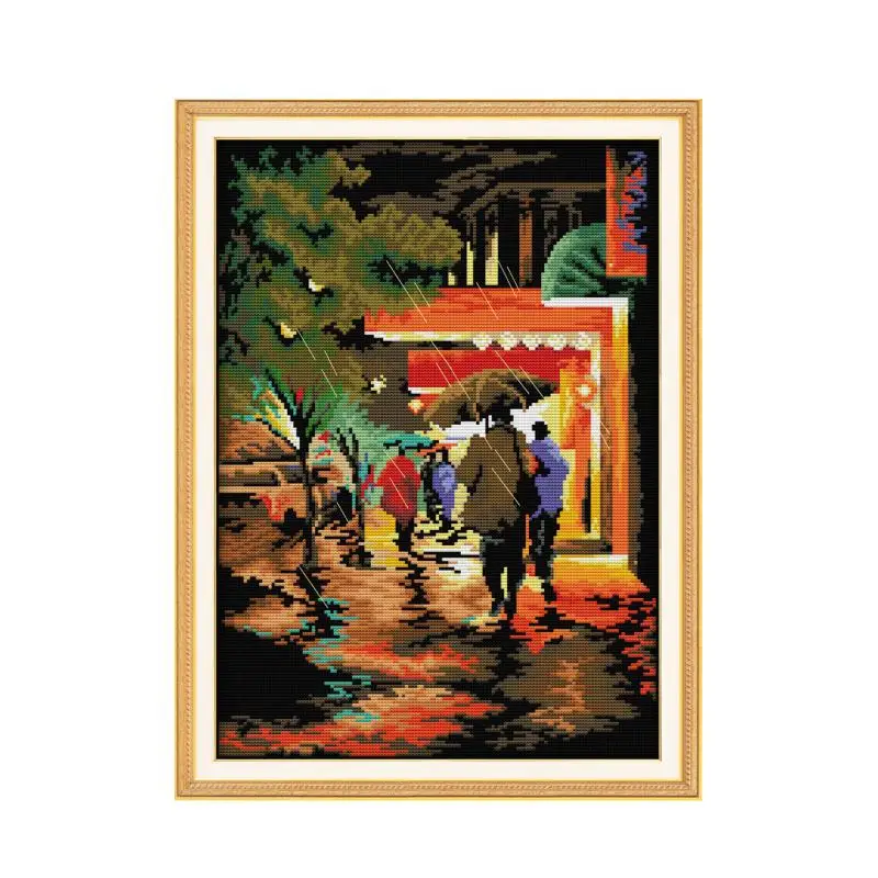 

A streetscape in the rainy night cross stitch kit aida 14ct 11ct count printed canvas stitch embroidery DIY handmade needlework