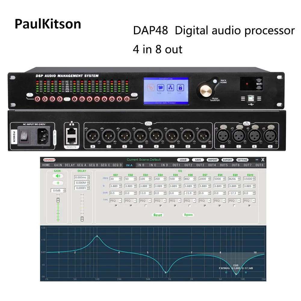 Paulkitson-Processador Digital Profissional, DSP Pro Audio, Protea Stage Performance Equipamentos, Stage Efeito Speaker, DAP48, 4in e 8Out