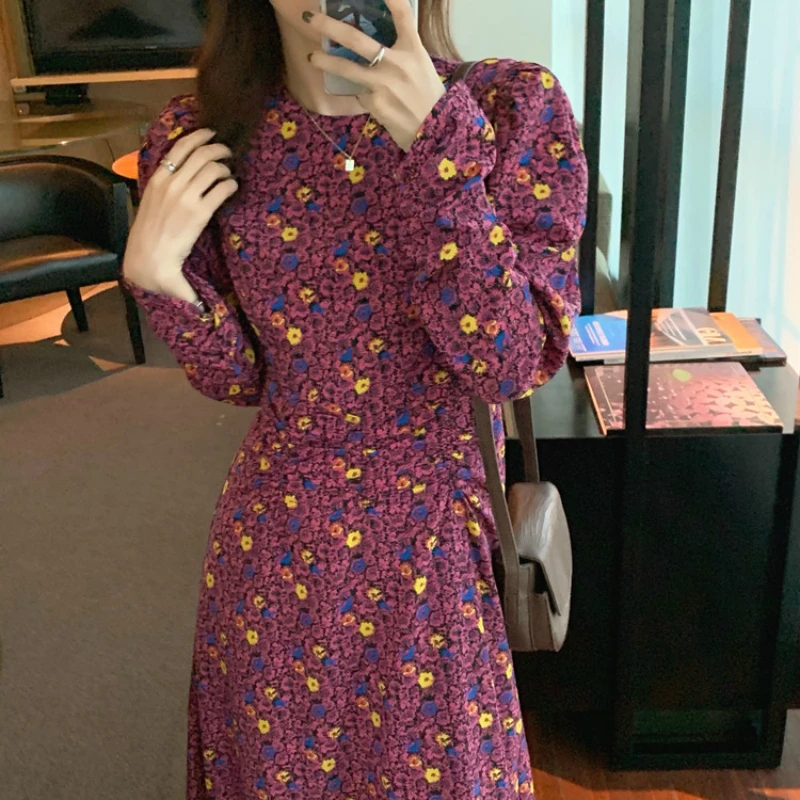 

2021 New Women Spring Vintage Slim Long Floral Pleat Dress Round Collar Full Sleeve Midi A-line Dresses