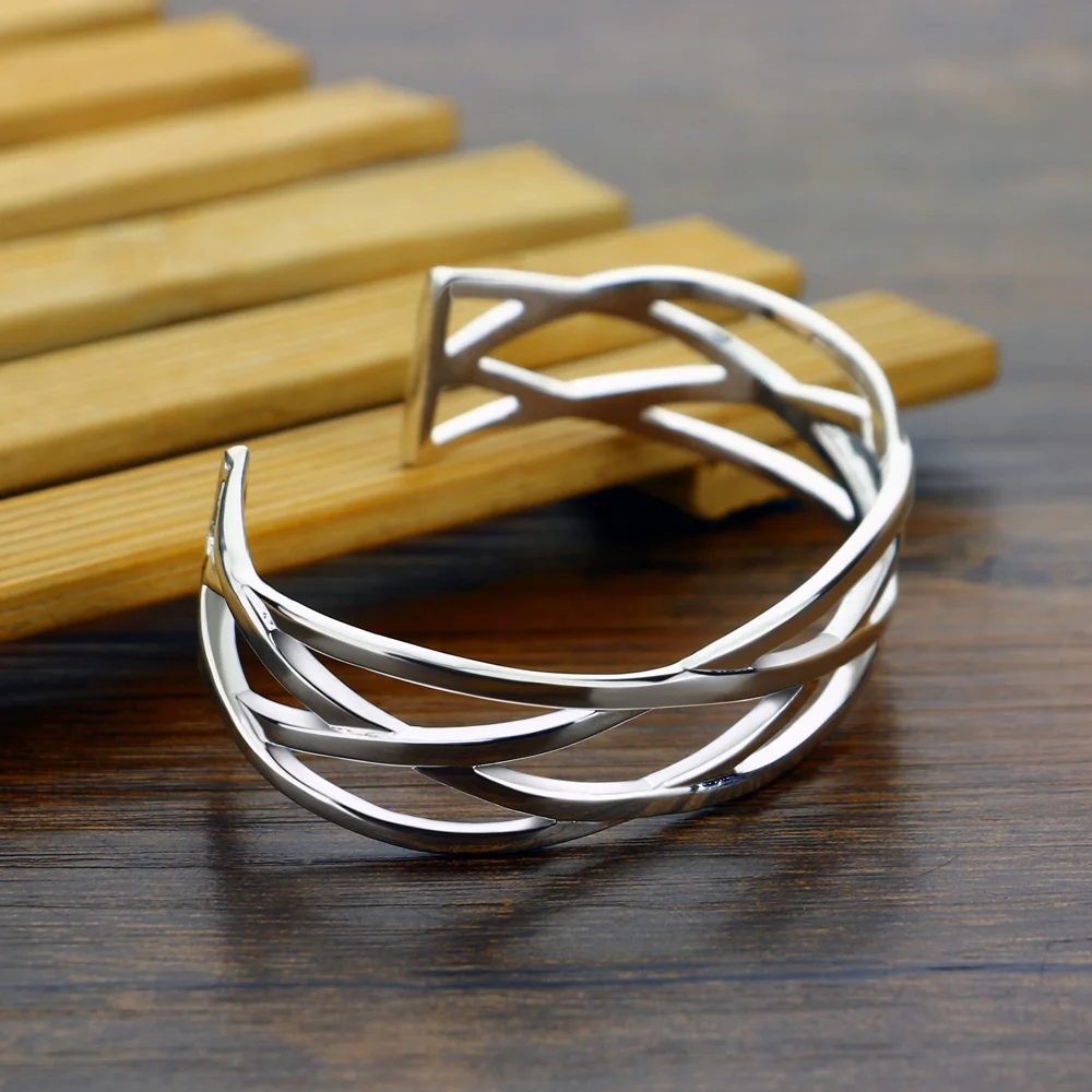 

Retro 925 Sterling Silver Open Cuff Bracelet 16MM Wide Delicate Handmade Fashion Party Jewelry for Men & Women