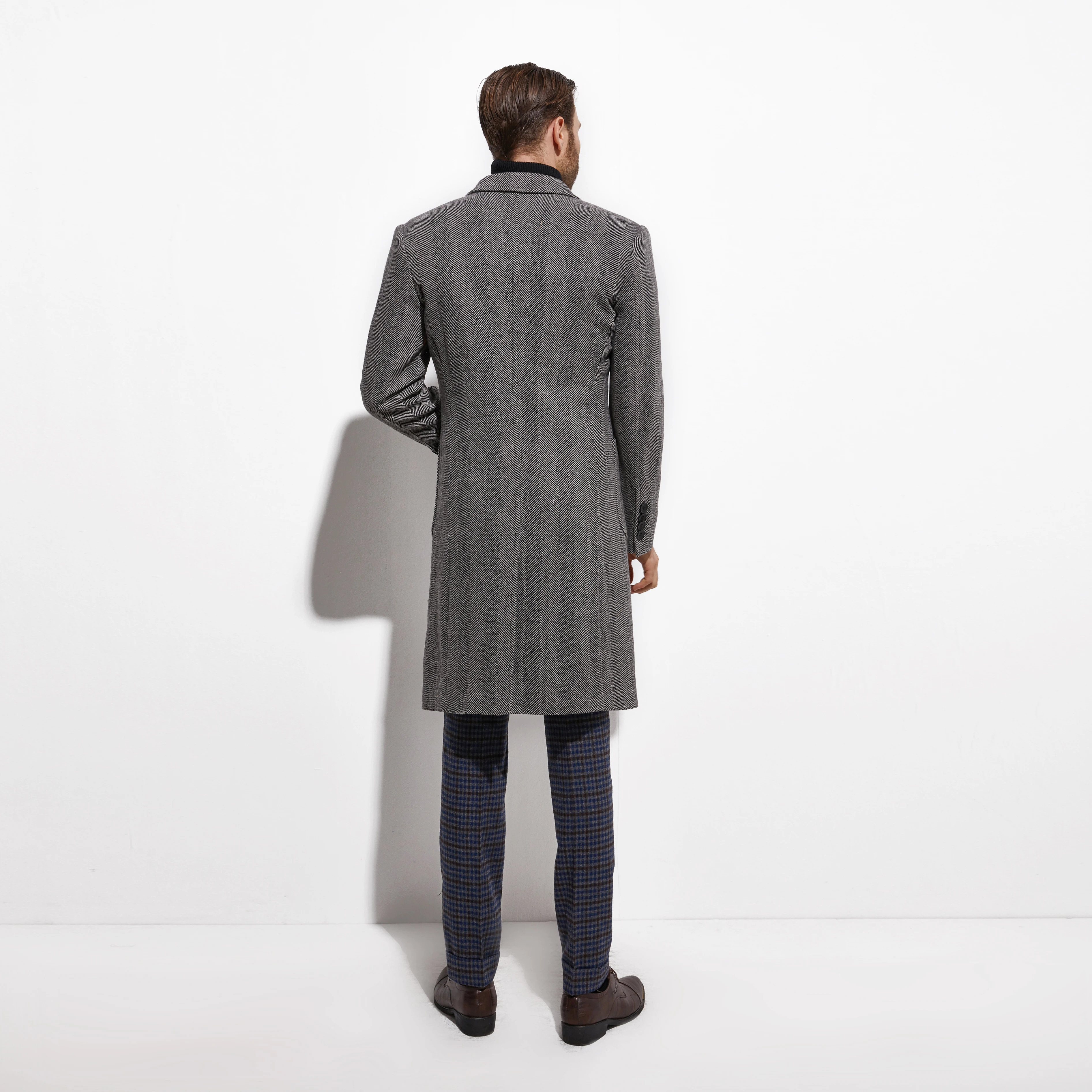 Elegant Tweed Topcoat Wide Grey Herringbone Long coat Custom Made Warm Winter Autumn Long Jacket, Manteau Homme Fasion Design