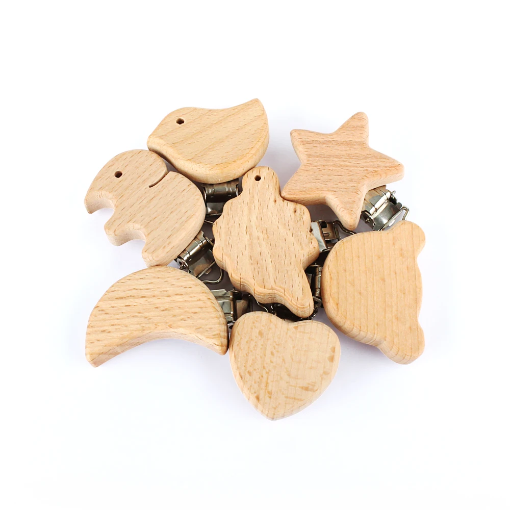 3pcs Netural Beech Wood Pacifier Clip BPA Free Elephant Dinosaur Bird Bear Moon Star Heart Shape Wood Dummy Holder Baby Clips