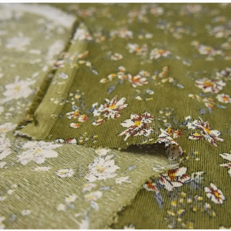 Half Meter Autumn Green Little Flower Print Cotton Corduroy Fabric For Cheongsam Trousers Girl Garment Material T1487