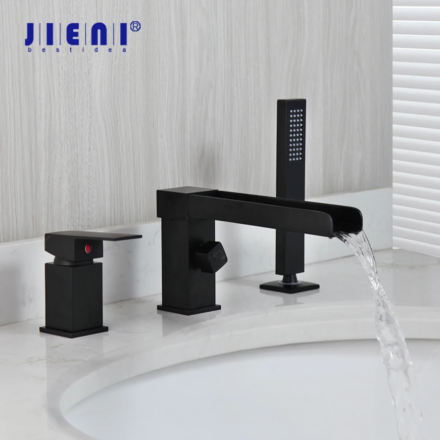 

JIENI Matte Black Bathtub Shower Faucet Wash Basin Sink Mixer Tap Faucet Brass Waterfall Spout w/ Brass Hand Spray Shower Set