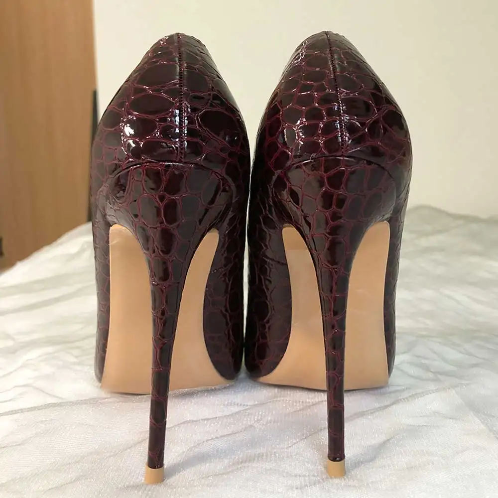 Tikicup Women Burgundy Crocodile-Effect Pointed Toe Stiletto Pumps Wine Red Slip On Extremely High Heels for Sexy Ladies 33-45