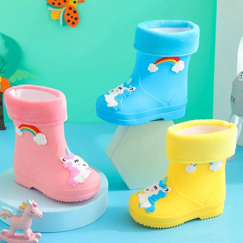 Children's Rain Shoes Cartoon Water Shoes Children's Non Slip Rain Shoes Plush Four Seasons Rubber Shoes