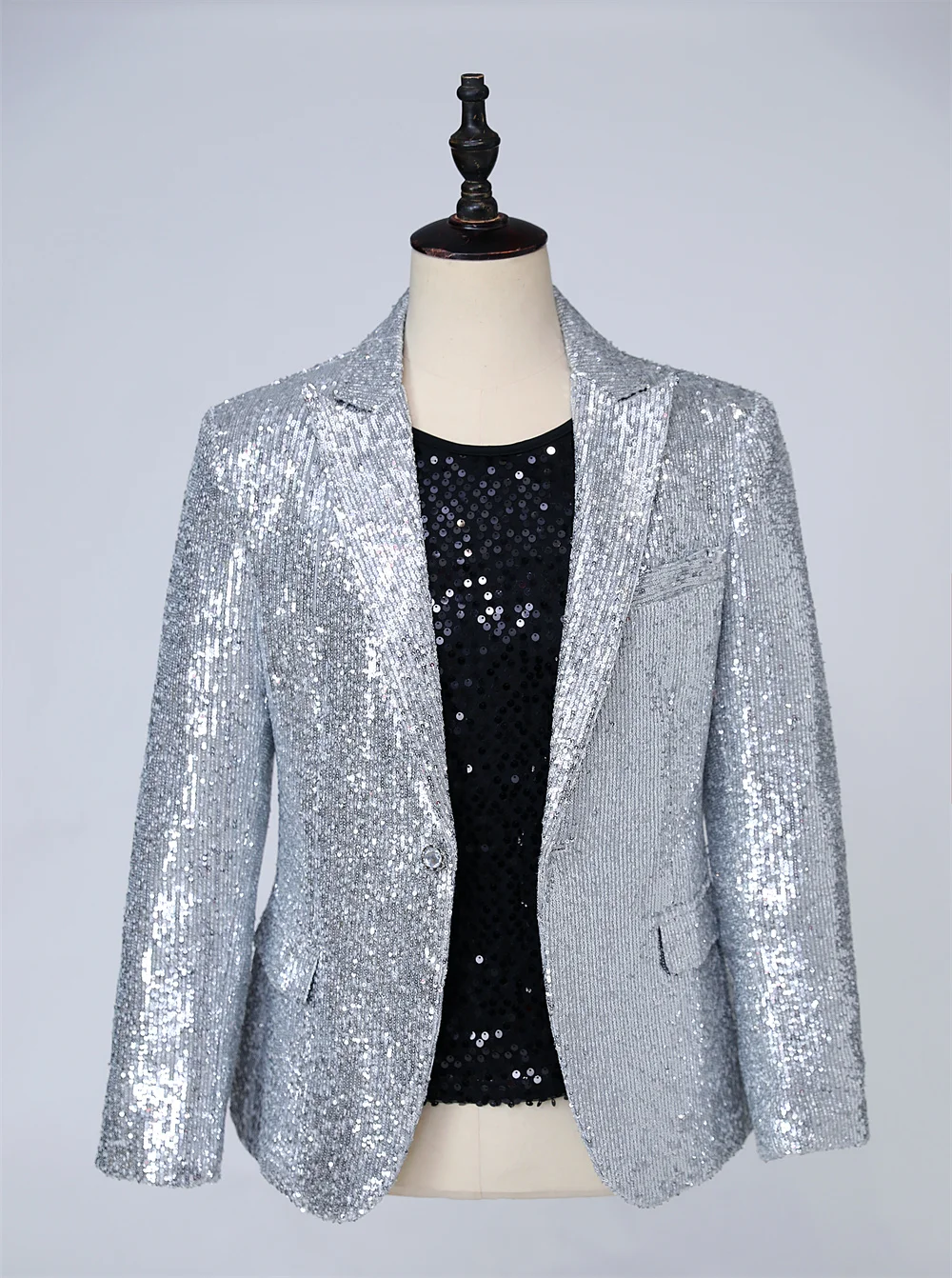 Fashion Male Singer Stage Silver Sequins Blazer One Button Shiny Suit Jacket Bar Nightclub Concert Costume Tuxedo Casual Coat