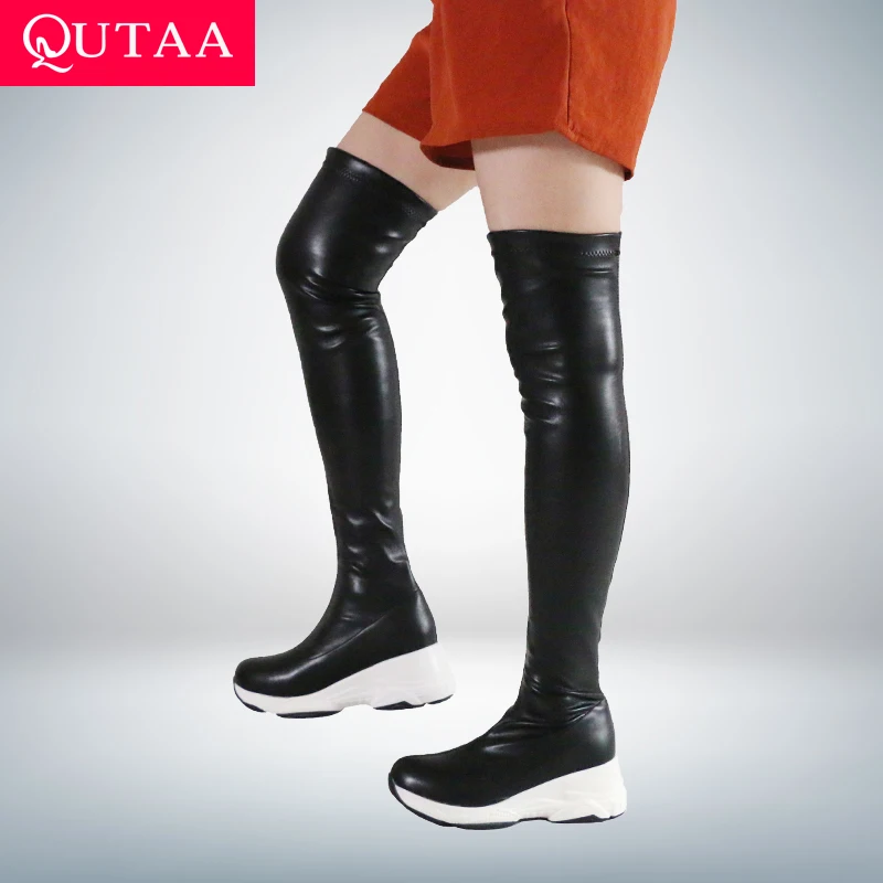 QUTAA 2021 Round Toe Autumn Winter Casual Women Shoes Stretch PU Over The Knee Boots Wedge Heel Long Women Boots Size 34-43