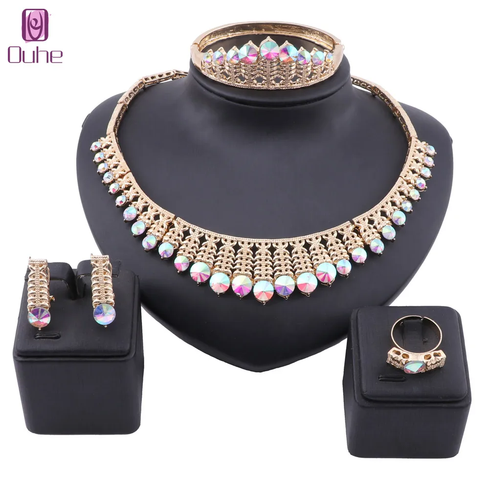 

Nigeria Crystal Pendant Necklace Earrings Charm Bride Earrings Ring for Women Party Gift Fashion Jewelry Sets