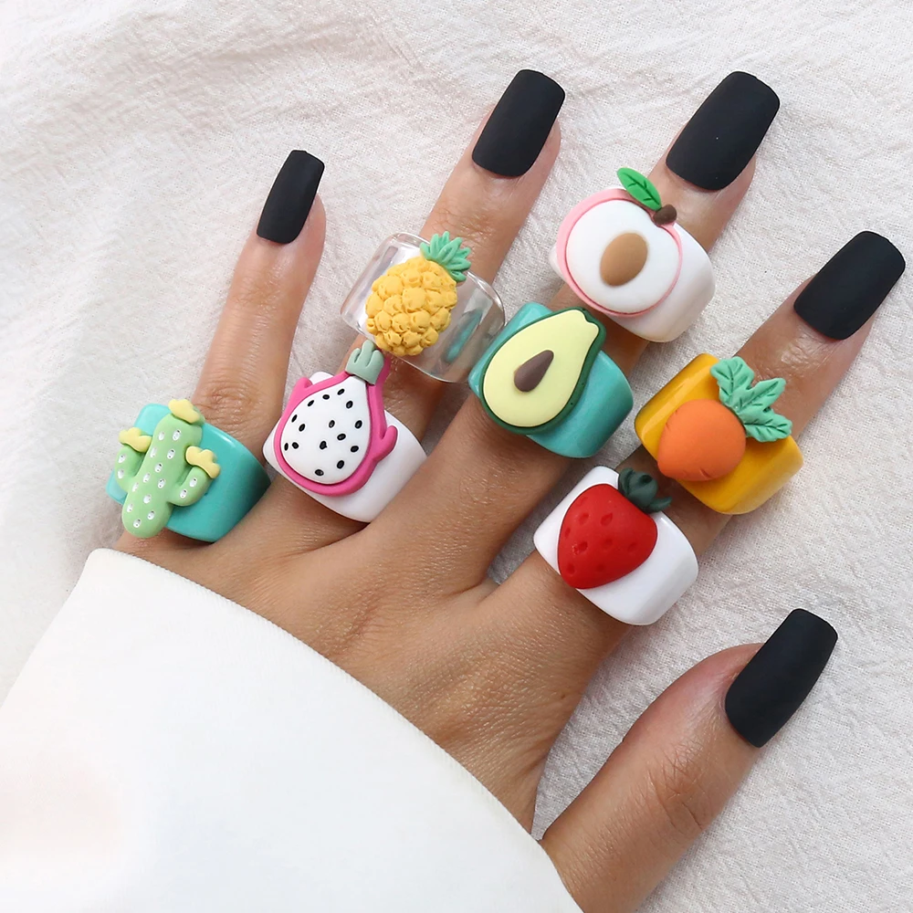 

Cartoon Fruit Ring Women Fashion Korean Cute Animal Resin Acrylic Ring Set Christmas Birthday Party Gift Jewelry for Female Girl