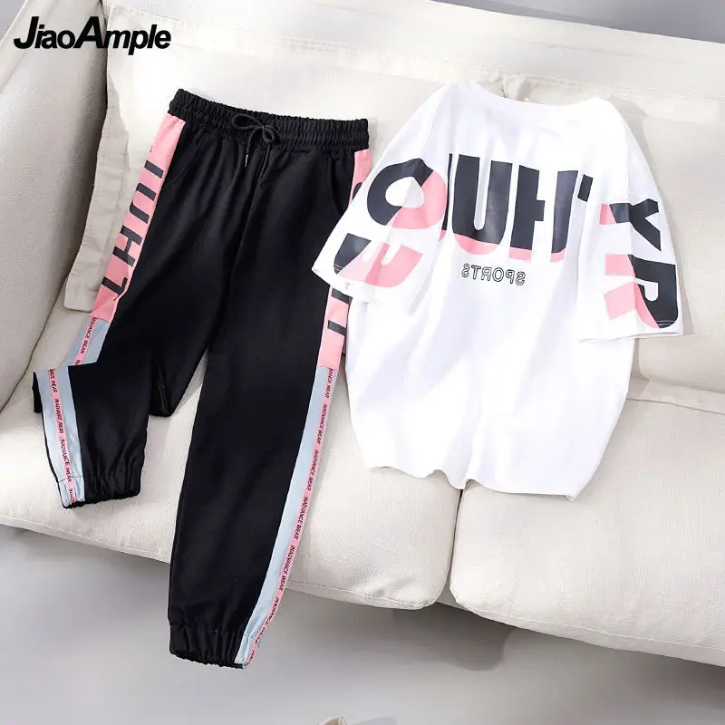 Women Sportswear Tracksuit 2024 New O-Neck Thin Cute Letters Short-sleeved Top Trousers Two Piece Set Female Casual Pantsuit