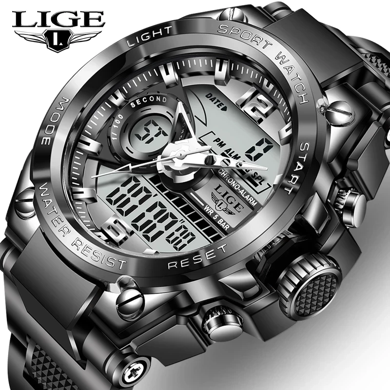 2023 LIGE Sport Men Quartz Digital Watch Creative Diving Watches Men Waterproof Alarm Watch Dual Display Clock Relogio Masculino