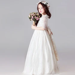 Long White Dresses for Kids Girls Princess Elegant Wedding Guest Children Bridesmaid Lace Dress Party Evening Gown 3 6 14 Years