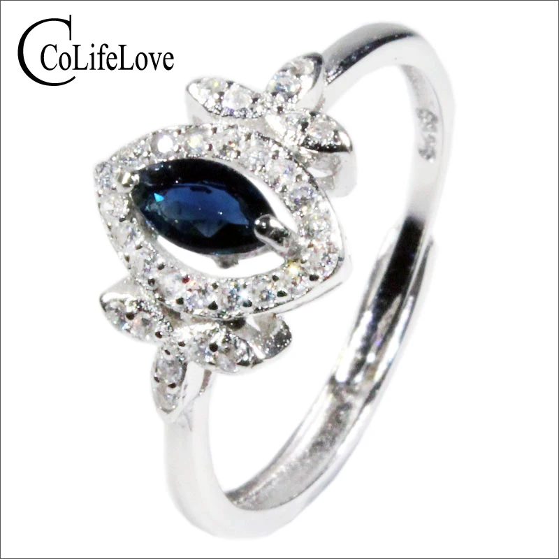 CoLife Jewelry 100% Natural Sapphire Ring  for Engagement 3mm*6mm Navy Blue Sapphire Silver Ring 925 Silver Sapphire Jewelry