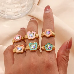 E.B.belle  Cute Girl's Stainless Steel Zirconia Stone Pink Green Orange Flower Butterfly Ring Y2K Gold Jewery Rings For Women